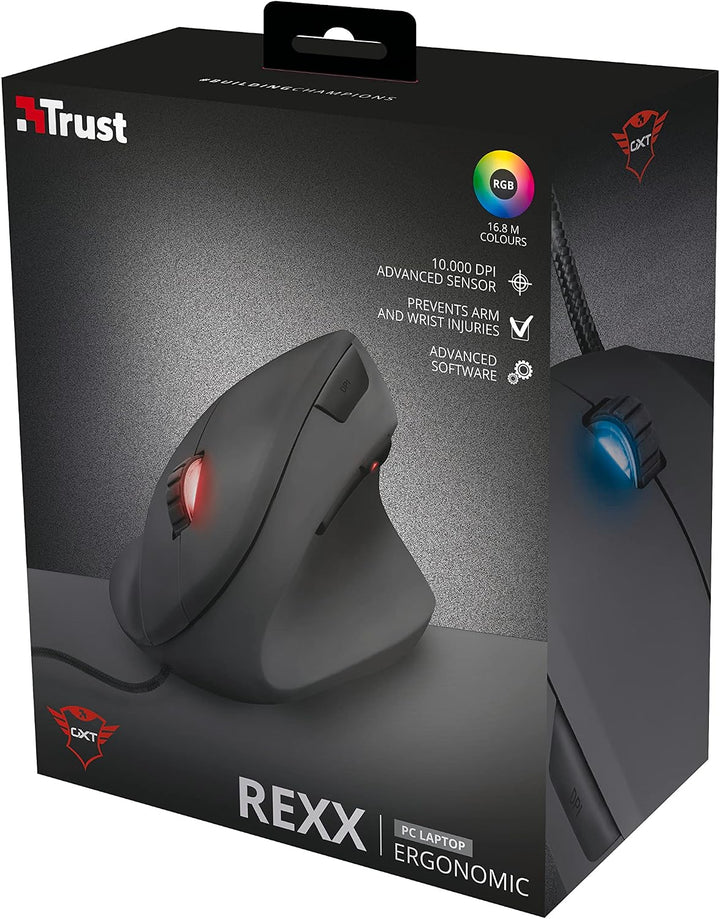 Trust Gaming GXT 144 Rexx Vertikale Gaming Maus, 10.000 DPI, 6-programmierbare Tasten, RGB LED-Beleu