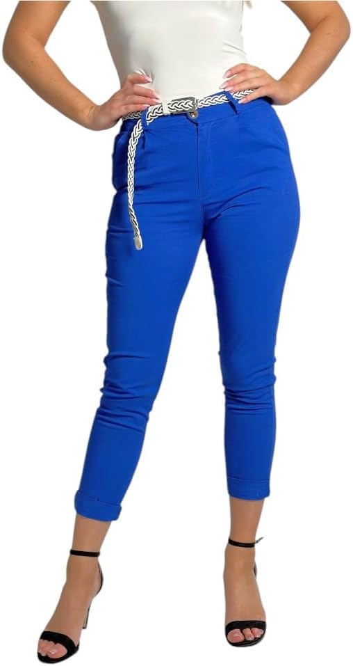 Mississhop Damen Baumwolle Klassische Chino Hose mit Gürtel S Royalblau, S Royalblau