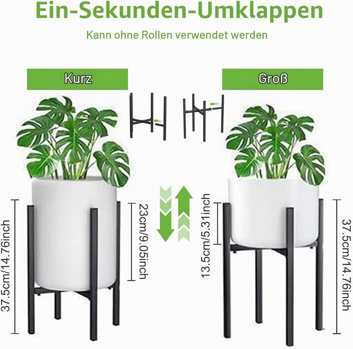 Verstellbarer Pflanzenständer, Blumenständer Metall Schwarz mit 4 Umlenkrollen für 24-38 cm Verschie