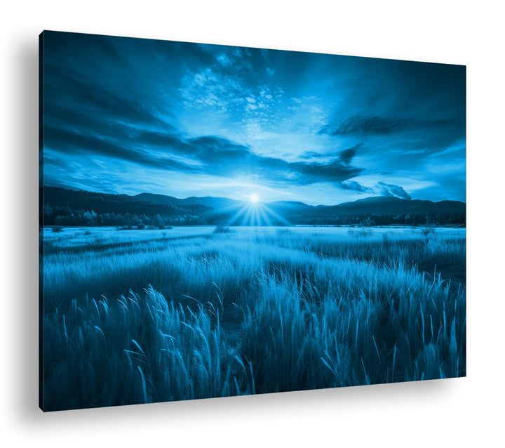 deyoli Bunter Sonnenuntergang Format 80x60 Effekt: Monocrome Blau als Leinwandbild, Motiv fertig ger