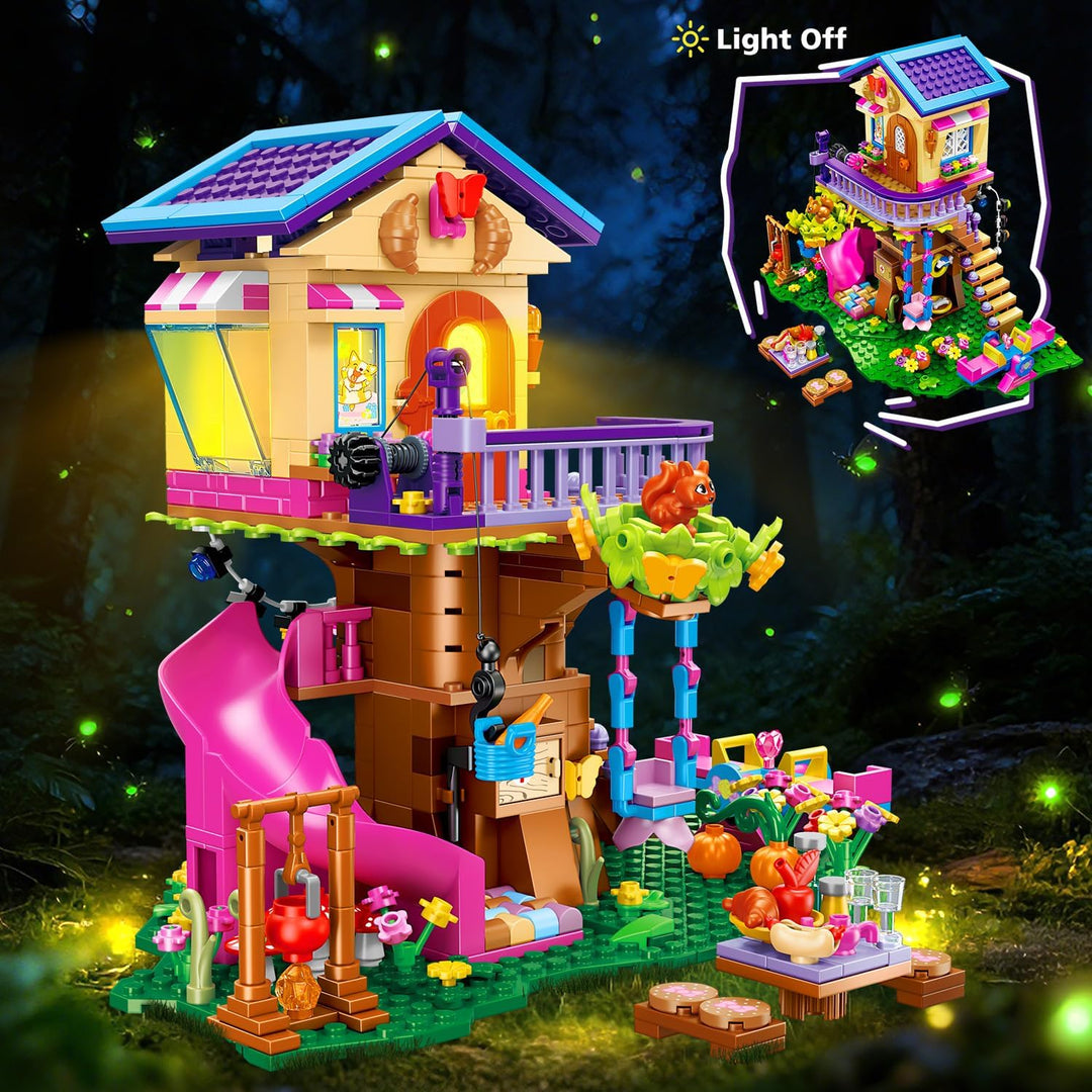 CUBIMANA Baumhaus-Bauspielzeug mit LED-Lichtern – 618 Teile Baumhaus-Baustein-Spielzeug, Wald-Hochha