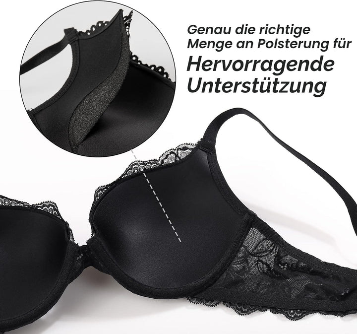 DOBREVA Damen Push up Spitzen BH mit Bügel | Gepolstert, Plunge, Gemoldete Cups, Schalen, Sexy, Tief