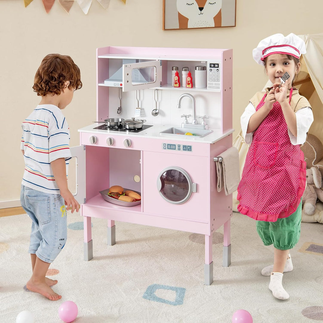 COSTWAY Kinderküche Holz, Spielküche mit Licht und Sound, Holzküche inkl. Zubehör mit Tafel, Mikrowe