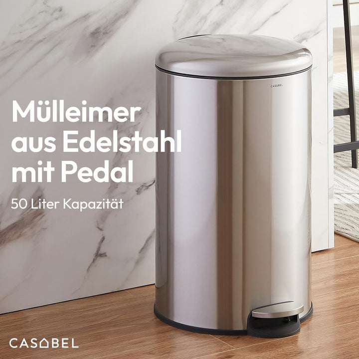 CASABEL Mülleimer Küche 50L - 100% Edelstahl, Resistent gegen Fingerabdrücke, Runder Treteimer mit F