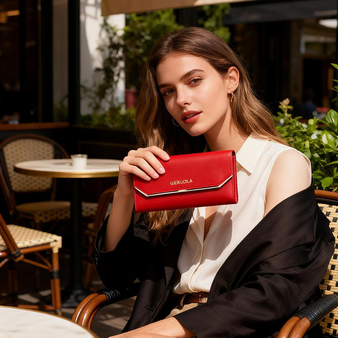 Geldbeutel Damen Leder Geldbörse RFID Schutz Large Portemonnaie Minimalistisch Lange Brieftasche Rot