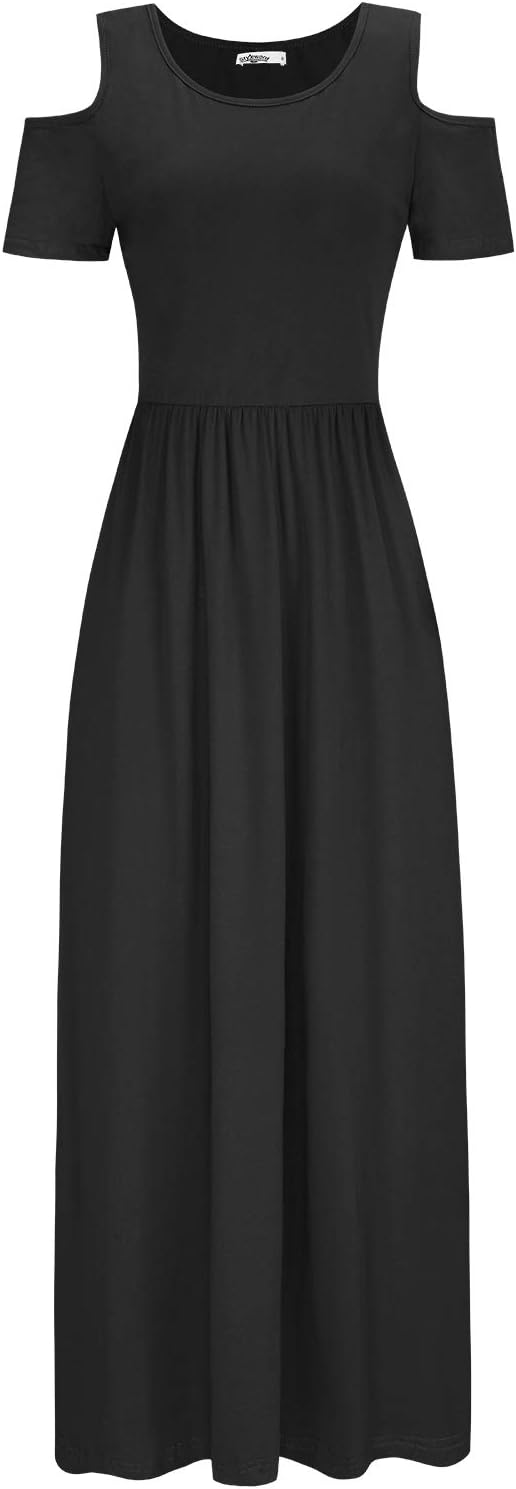 STYLEWORD Sommerkleid Damen Lang Kurzarm Maxikleid Blumen Kleider mit Taschen M Black-456, M Black-4