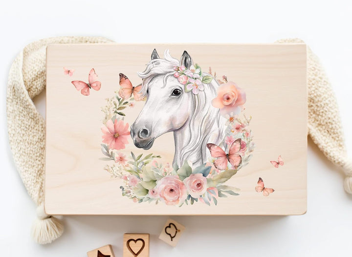 Little Deco Baby Erinnerungsbox Holzkiste mit Pferd & Blumenkranz | L - 40 x 30 x 22 cm | Ideal zur