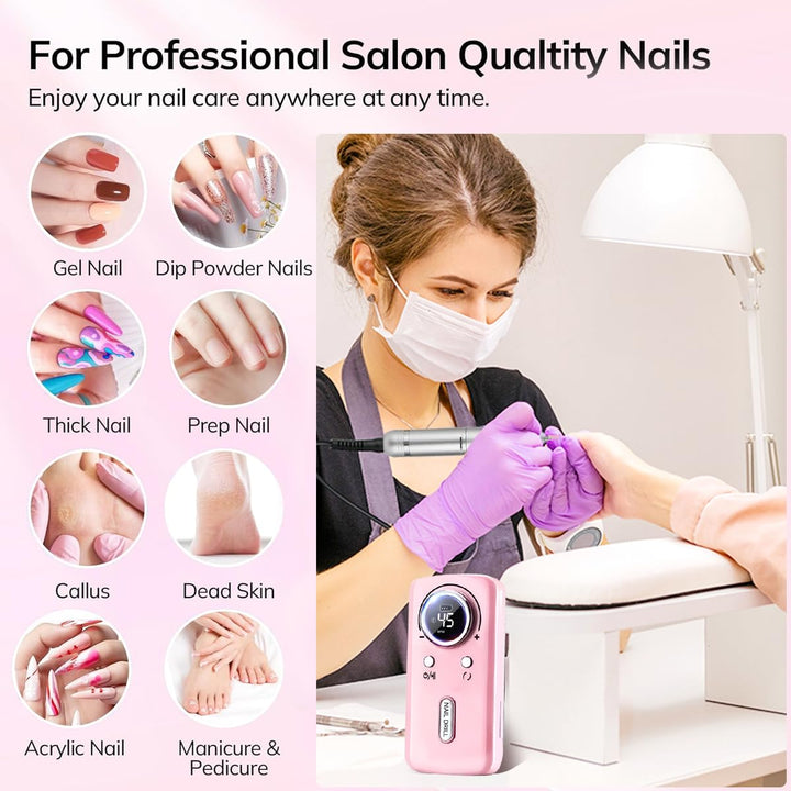 Elektrische Nagelfeile/Nagelfräser 45000 U/min [LCD+12 Köpfe] – Leise aufladbare Nagelmaschine mit 1