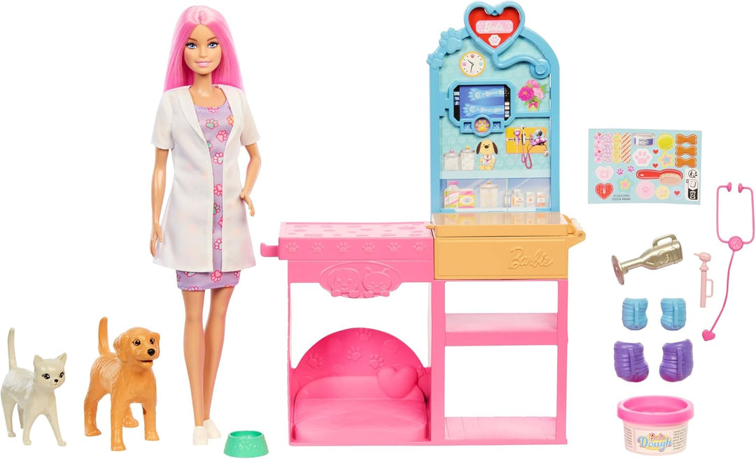 Barbie Gute Besserung“ Tierkrankenstation-Spielset aus Modepuppe mit rosa gefärbten Haaren, Tierarzt