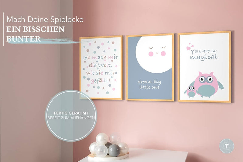 Papierschmiede® Kinderbilder 3er Set, A3 gerahmt in Holzrahmen (Natur), Geschenk für Jungen & Mädche