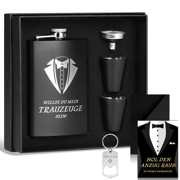Trauzeugen Flachmann Willst Du Mein Trauzeuge Sein mit Karte 8oz Flachmann Mit Gravur Schwarz 4 Bech