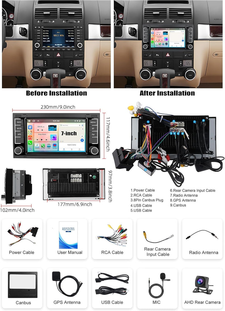 CAMECHO 4G+64G 8 Core Android 15 Carpaly Autoradio für VW Touareg Transporter T5 Multivan 2004-2011