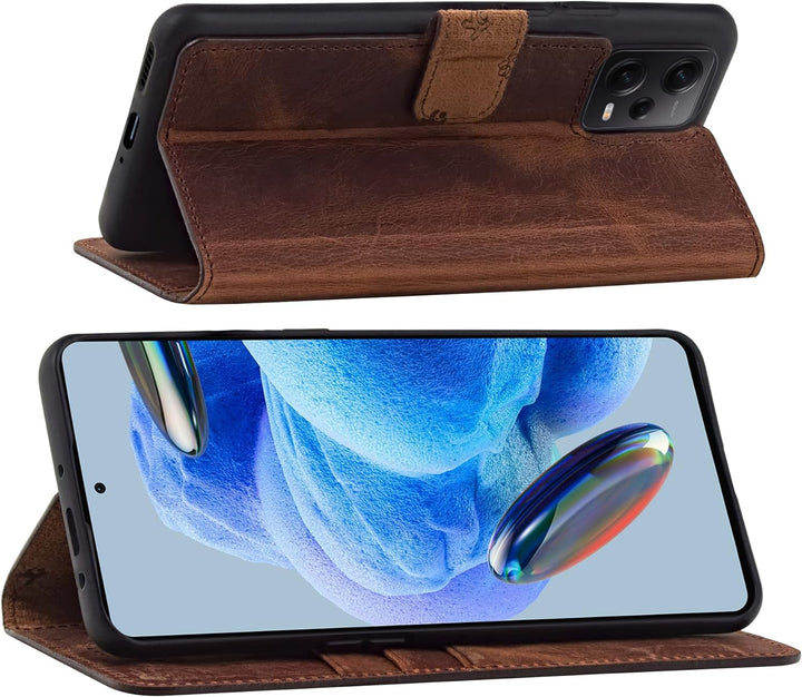 Suncase Book-Style Hülle kompatibel mit Xiaomi Redmi Note 12 Pro 5G Leder Tasche (Slim-Fit) Lederhül