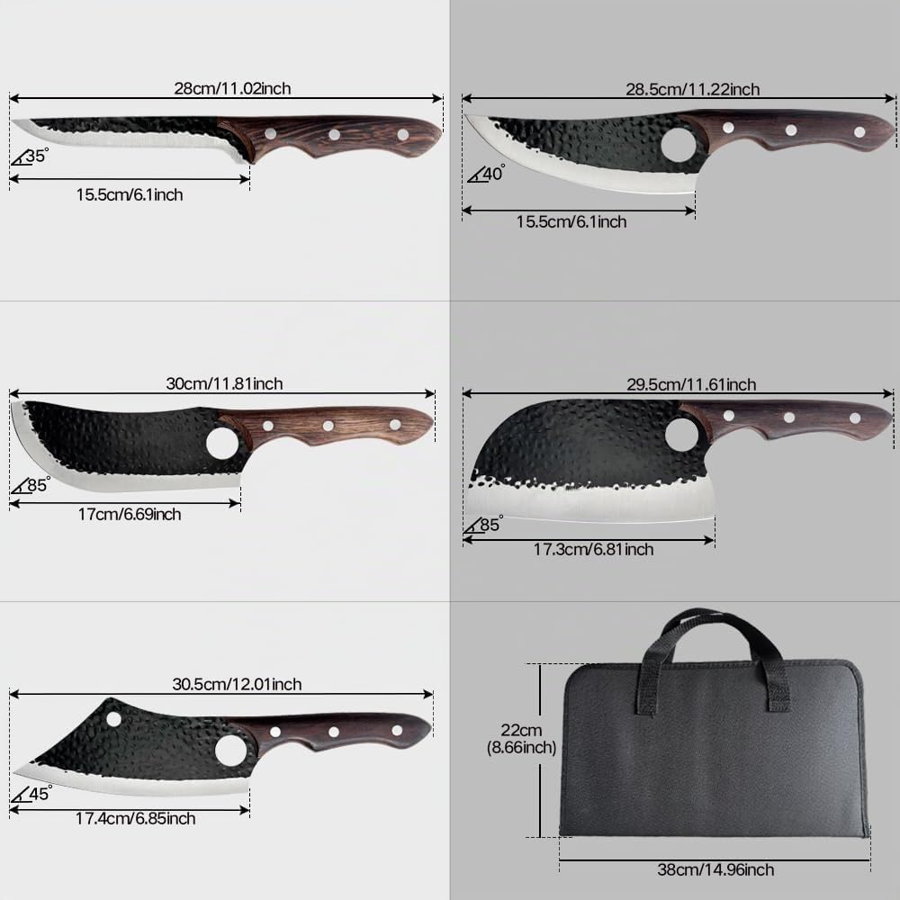 Metzgermesser-Set 5-teilig, Handgeschmiedetes Messerset, Serbisches Kochmesser, Wikinger-Ausbeinmess