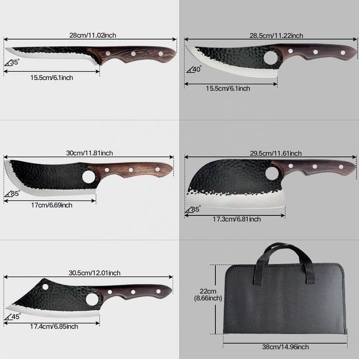 Metzgermesser-Set 5-teilig, Handgeschmiedetes Messerset, Serbisches Kochmesser, Wikinger-Ausbeinmess