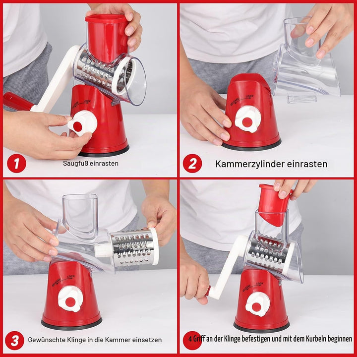 Dreamhigh® Käsereibe mit Kurbel, Gemüseschneider mit 3 Edelstahl Austauschbaren Trommelklingen, Manu