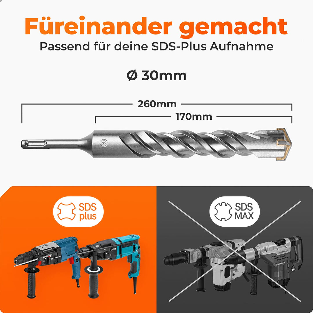 BAUBECK SDS Plus Bohrer 30mm x 260mm lang für Beton & Stein - Premium 40CR Stahl, langlebig - 4 Schn