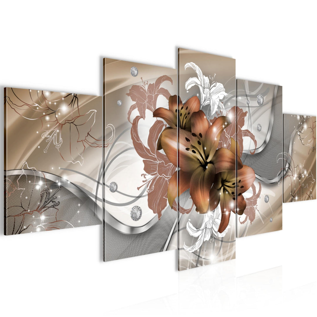 Runa Art Wandbilder Blumen Lilien 5 Teilig Bild auf Vlies Leinwand Deko Wohnzimmer Abstrakt Beige Br