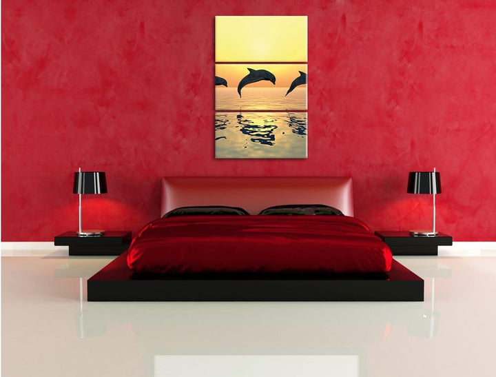 Pixxprint springende Delfine im Sonnenuntergang 3-Teiler Leinwandbild 120x80 Bild auf Leinwand