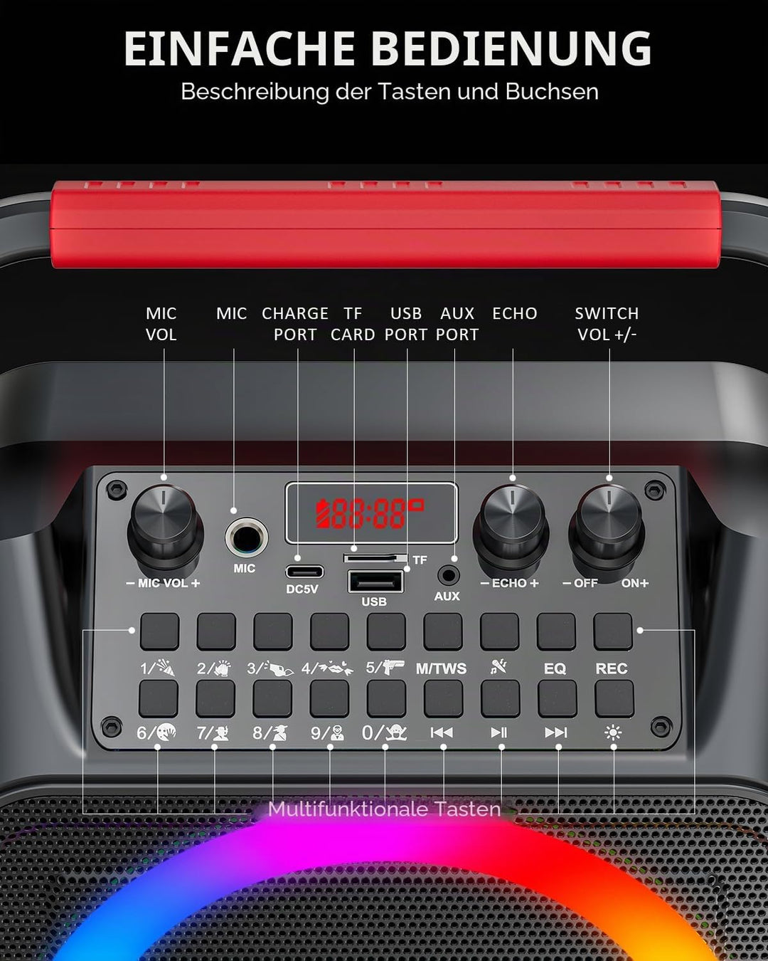 Karaoke Maschine mit 2 Mikrofonen, tragbarer Bluetooth Karaoke Anlage mit LED Lichtern,eignet Sich f
