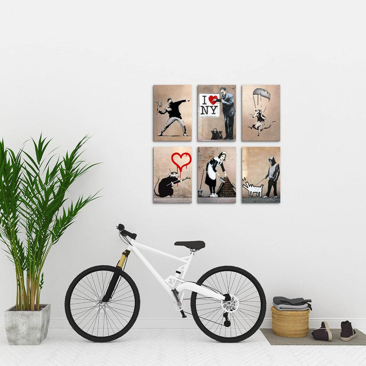 Novart Wandbilder Set Banksy Collage - KOMPLETT AUFHÄNGFERTIG - Made in Germany - Moderne Bilder Woh
