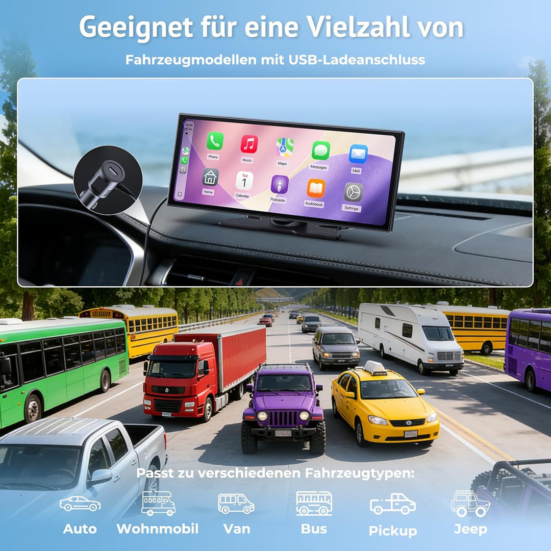 11,26" Wireless CarPlay Bildschirm,Tragbarer CarPlay & Android Auto Display,1080P Rückfahrkamera,Spl