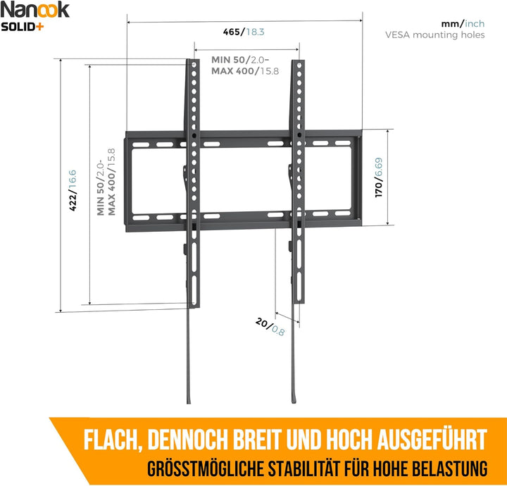 Nanook SOLID+ Ultraflache Stabile Feste TV-Wandhalterung für 32-65 Zoll | Nur 20 mm Wandabstand | Un