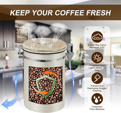ROCKY&CHAO Kaffeedose Luftdicht aus Edelstahl 1,8L Kaffeebhnen Behälter 600g Vorratsdose für Tee Nüs