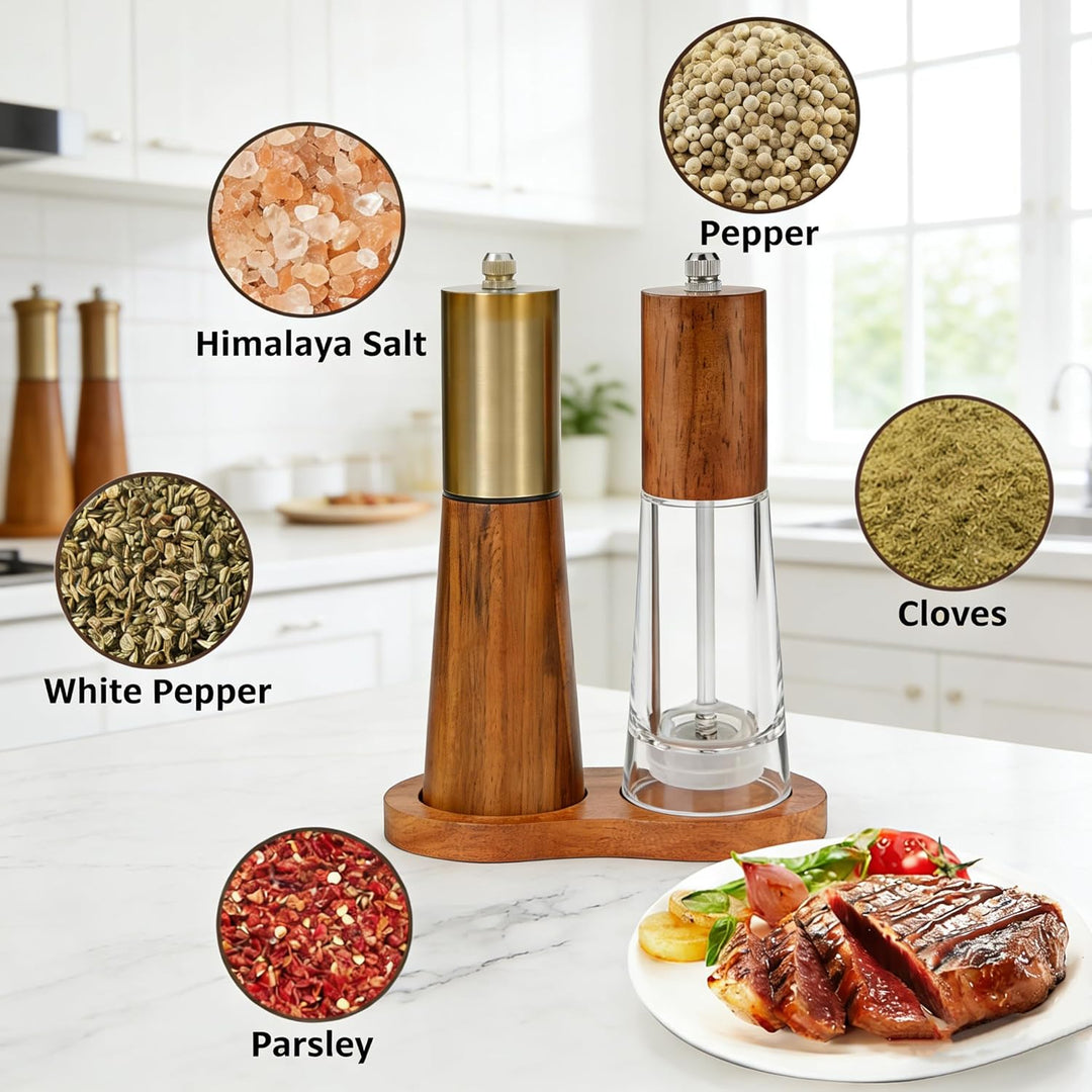 Holz-Salz- und Pfeffermühle-Set mit Ständer, Acrylgehäuse, verstellbarem Kern Premium-Holzsalzmühle