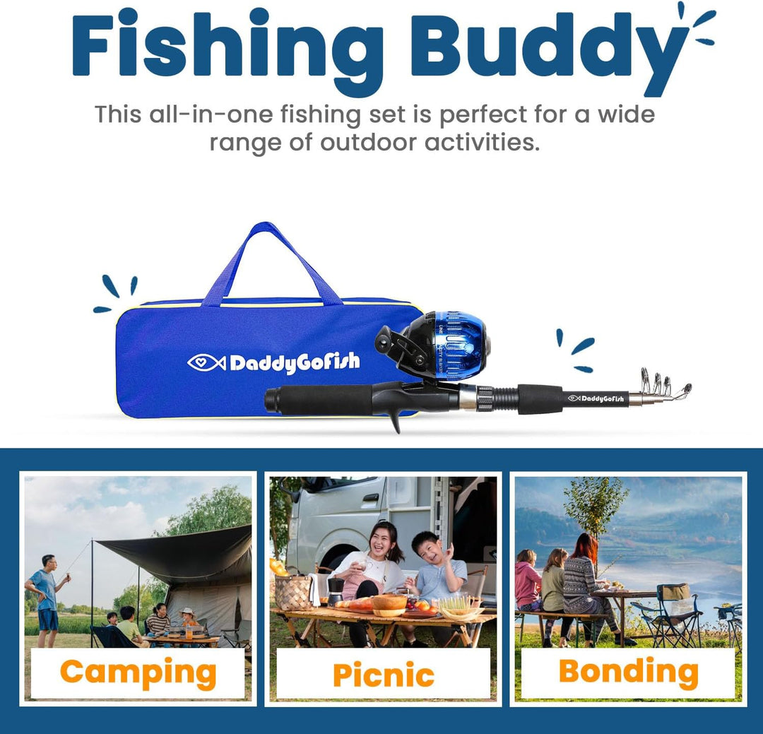 DaddyGoFish Kinder Angelset - Teleskoprute & Rolle Combo mit Klappstuhl, Rutenhalter, Tackle Box, Kö