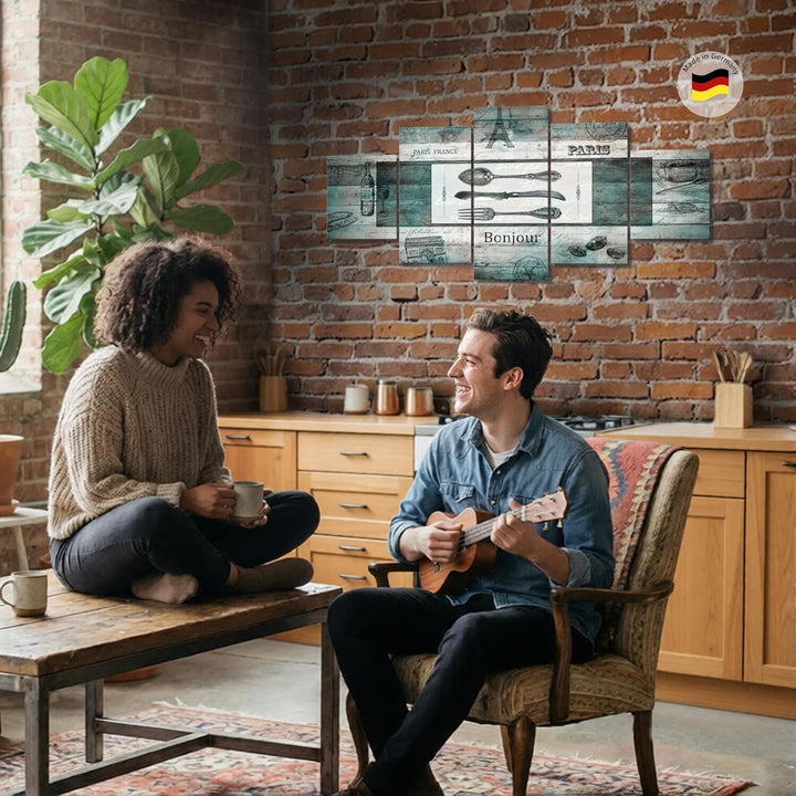 Runa Art Bild Esszimmer Küchenbilder Küche Holz 5 Teilig Vintage Besteck Türkis Wandbilder auf Vlies