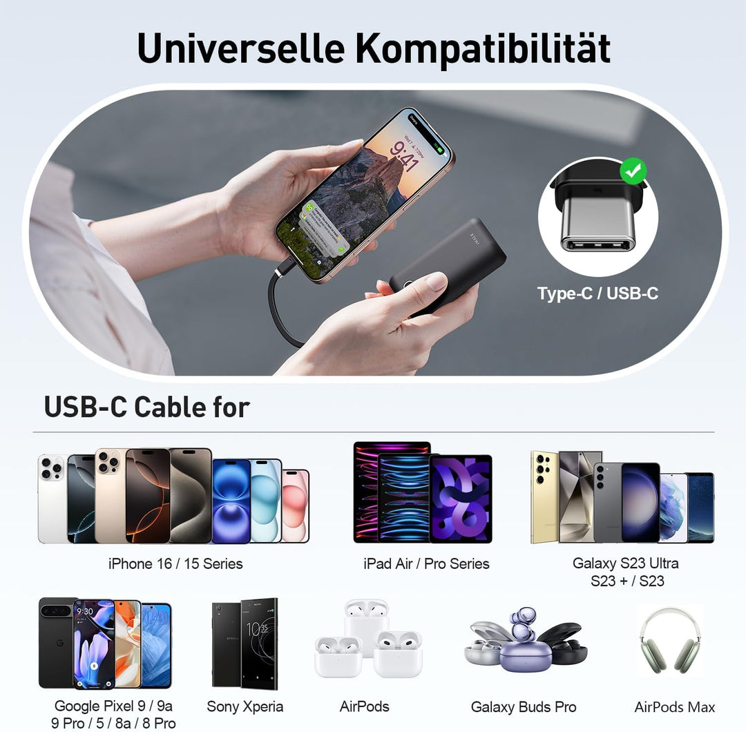 iWALK Mini Tragbares Ladegerät 10000 mAh, 22,5W USB-C Powerbank mit integriertem Kabel, Ultra-kompak