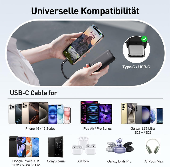 iWALK Mini Tragbares Ladegerät 10000 mAh, 22,5W USB-C Powerbank mit integriertem Kabel, Ultra-kompak