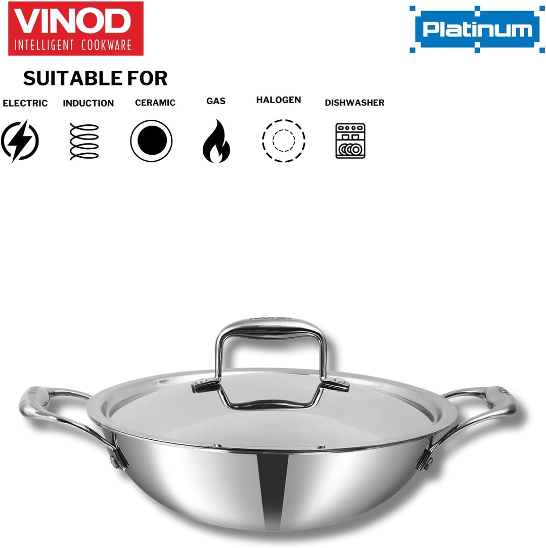 Vinod SAS Pro Platinum Triply Stainless Steel Kadai - 22 cm, 1,8 L | HexaShield Design Stick-resista
