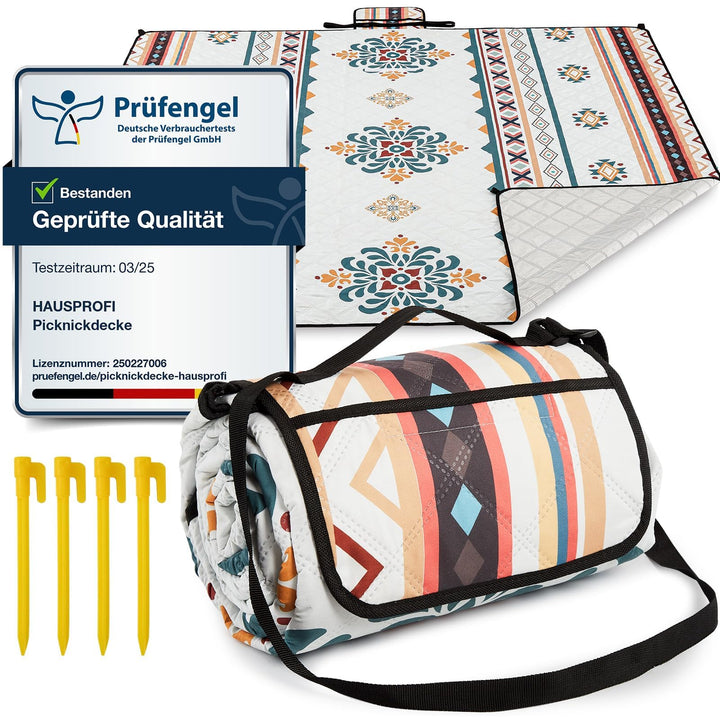 HAUSPROFI Picknickdecke Boho 200x200cm, wasserdicht & isoliert - XXL Outdoor Decke für Picknick, Str