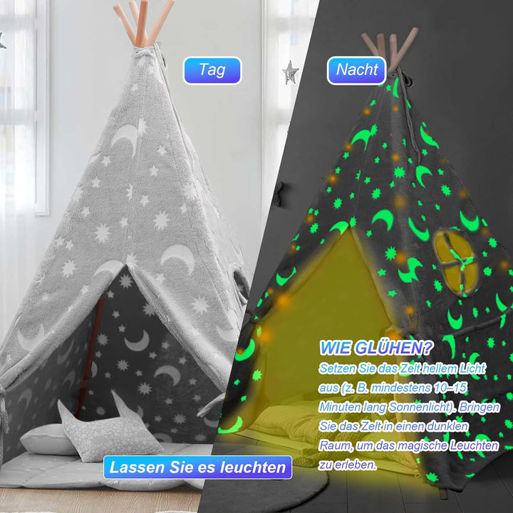 Tipi Zelt für Kinder, Tragbares Tipi Spielzelt,Drinnen Tipi Kinderzelt Grau, Grau