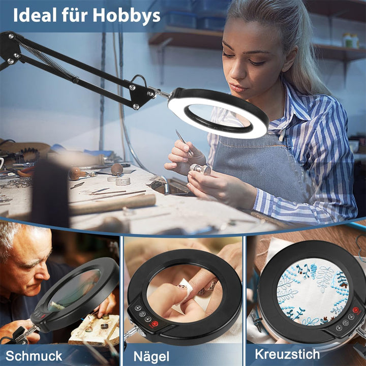 10X Stehlampe Lupe mit Licht und Ständer, 3-in-1 Flexible Schwenkarm Boden LED Lupenleuchte, 5 Farbm