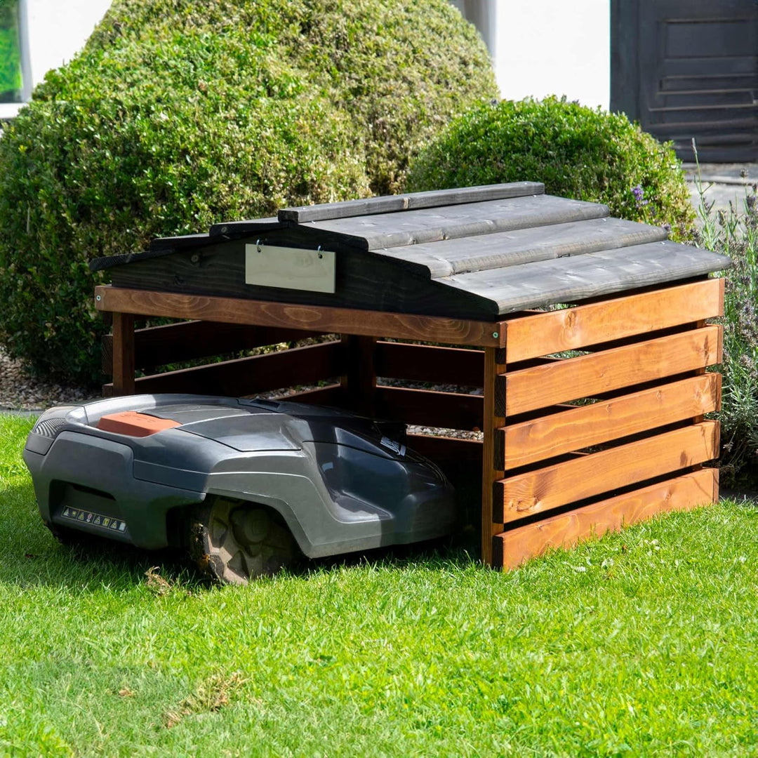dobar® Mähroboter Garage aus Holz mit abnehmbarem Dach - Rasenroboter Unterstand mit individualisier