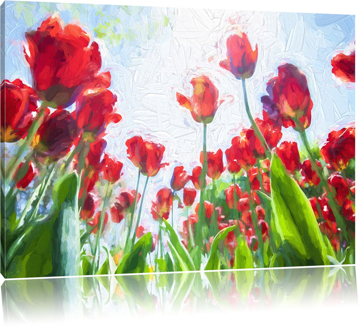 Tulpenfeld Pinsel Effekt, Format: 100x70 auf Leinwand, XXL riesige Bilder fertig gerahmt mit Keilrah