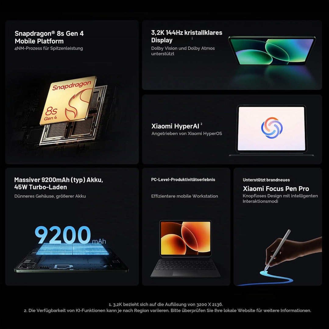 XIAOMI Pad 8 8 GB/128 GB, WiFi 7, 11,2" 3,2K Tablet, Dolby Atmos Sound, Snapdragon 870 Prozessor, 92