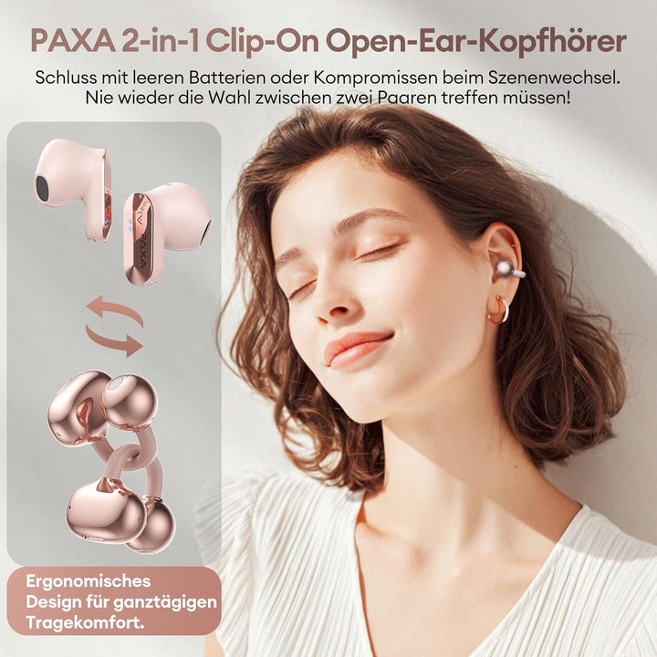 PAXA 2-in-1 Doppel-Set Clip On Kopfhörer Open Ear Kopfhörer Bluetooth 6.0 0ms Verzögerung, 140H Spie