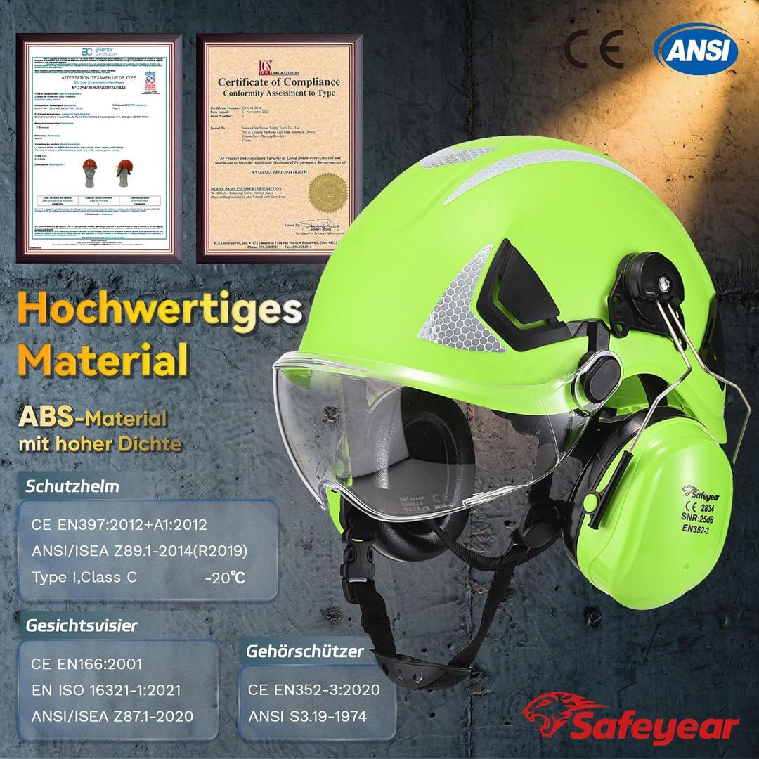 SAFEYEAR Sicherheit Harter Hut mit Anti-Kratzer Brille, eramuffs, CE EN397 Sicherheitshelme mit Kinn