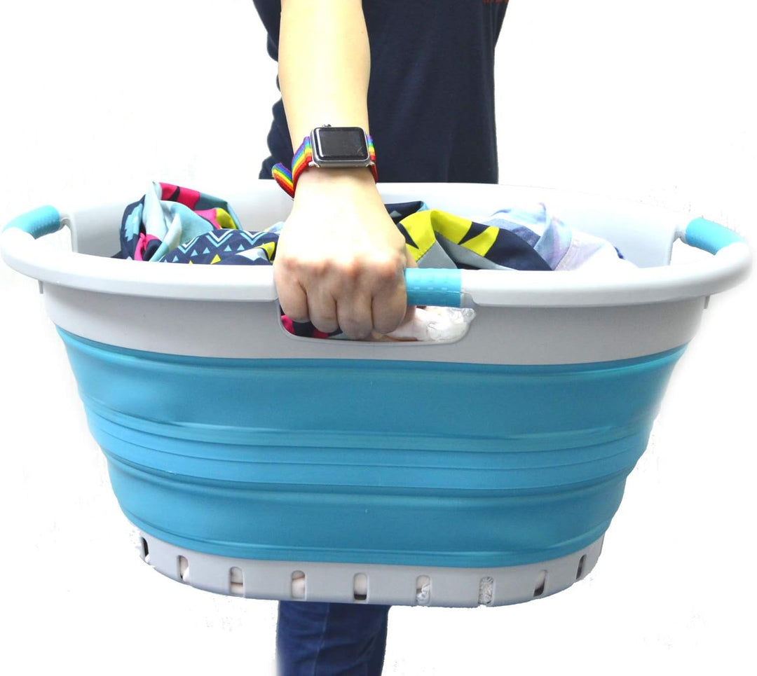 SAMMART 36L Collapsible 3 Handled Plastic Laundry Basket (Grau/Hellblau, 2) Grau/Hellblau 2, Grau/He