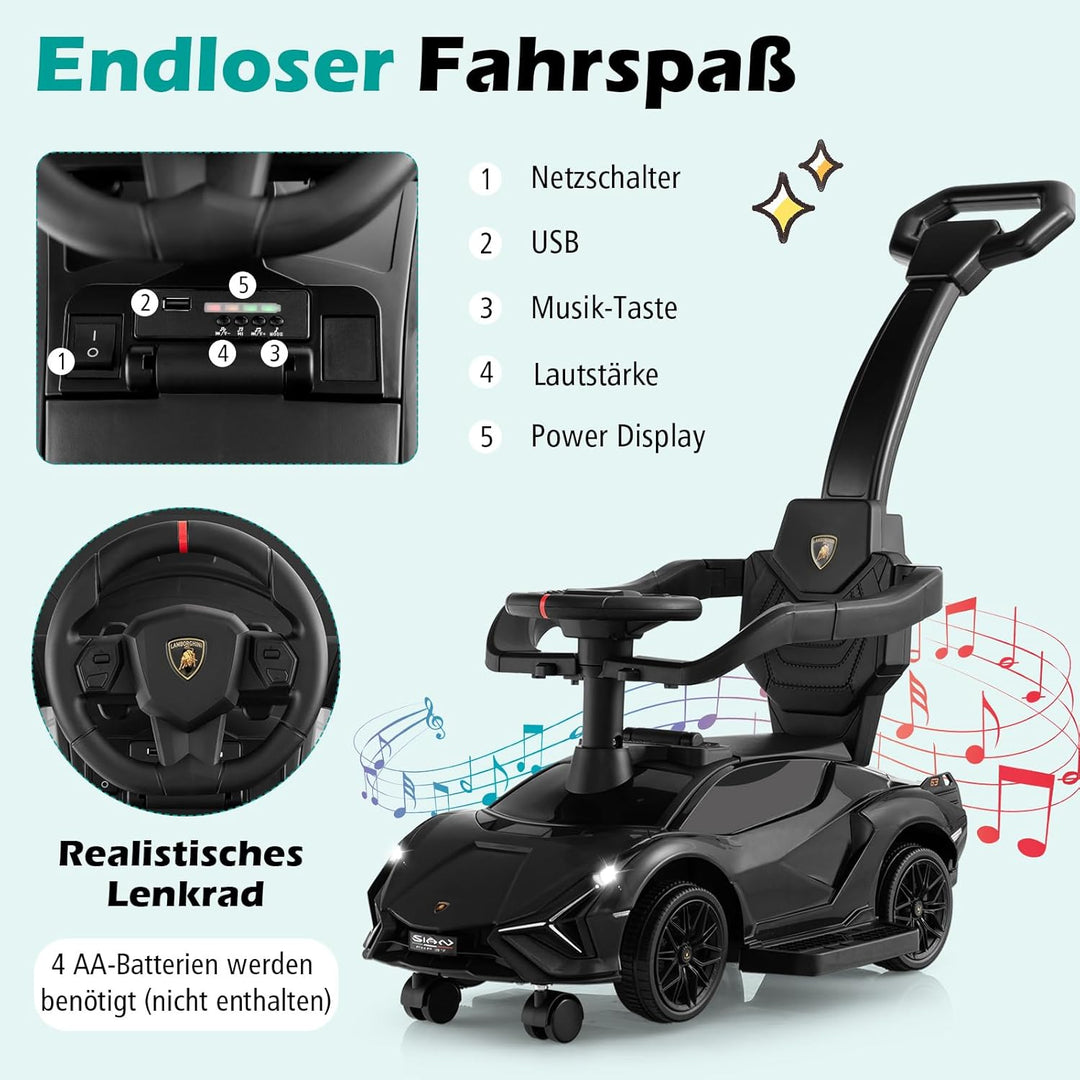 COSTWAY 3-in-1 Lamborghini Rutschauto, Schiebauto mit Scheinwerfern & Musik & Stauraum, Rutschfahrze