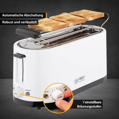 TZS First Austria - Toaster 4 Scheiben Langschlitz 1400W mit Krümelschublade | Brötchenaufsatz | wär