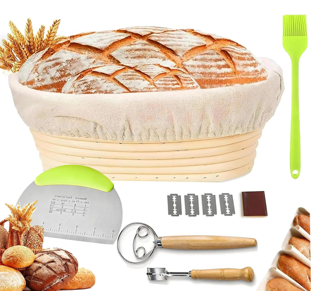 9-teilig Gärkorb Brot Set,25cm Gärkörbchen zum Brotbacken, Sauerteig Starter Set, Einschliesslich Te