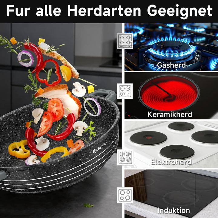 Scheffler Servierpfanne Induktion, 24 x 7 cm Schmorpfanneaus Aluminiumguss, Pfanne Bratpfanne mit Ma