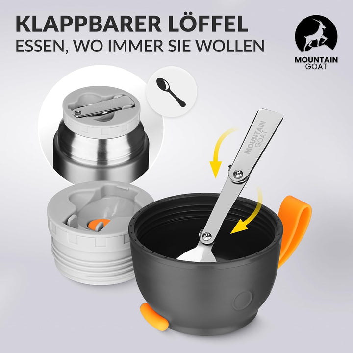 MOUNTAIN GOAT Thermobehälter für Essen 720ml, Speisegefäss mit Klapplöffel aus Edelstahl, Warmhalteb