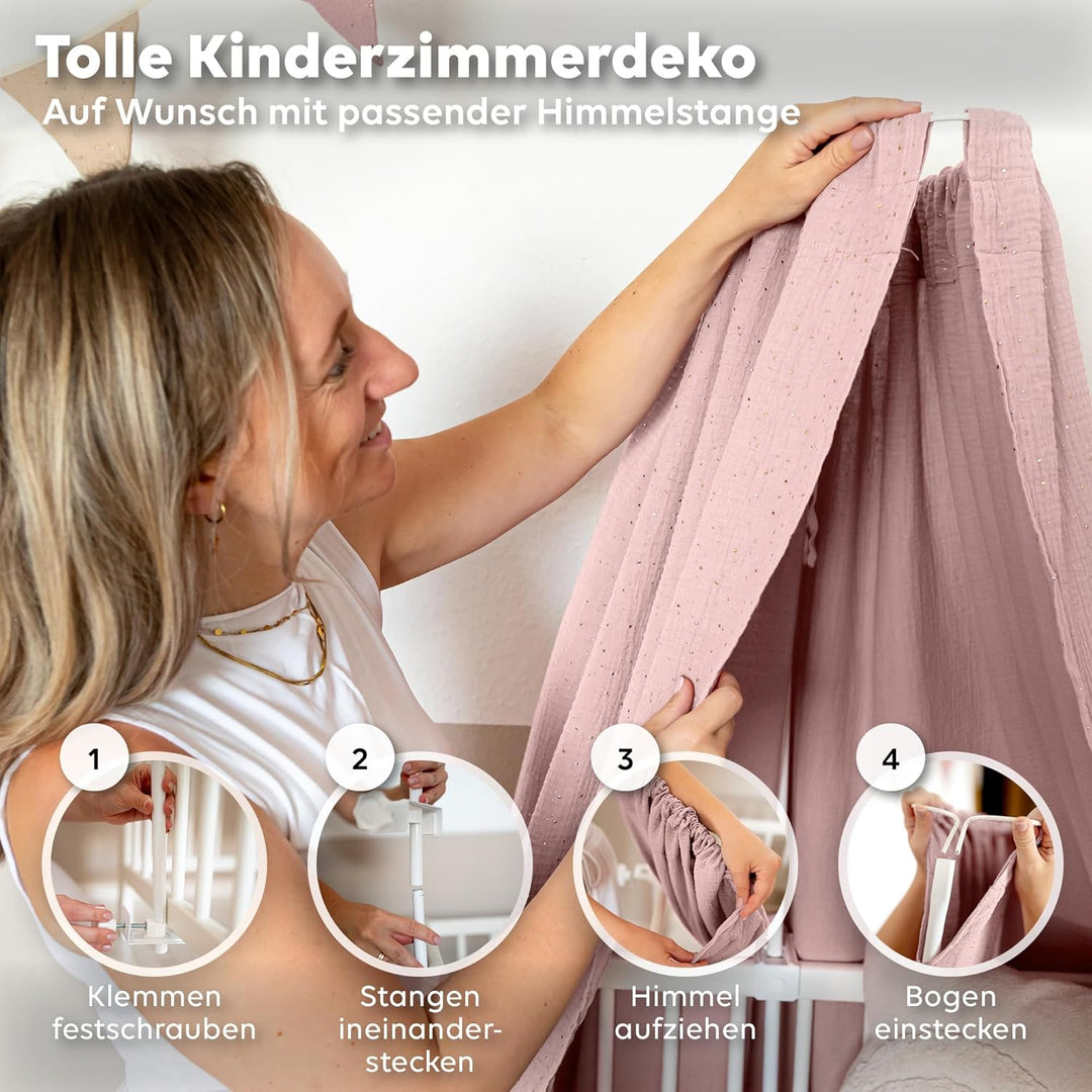 Betthimmel Babybett mit Goldapplikationen [in 12 Farben] Himmel Babybett aus 100% Baumwolle Musselin