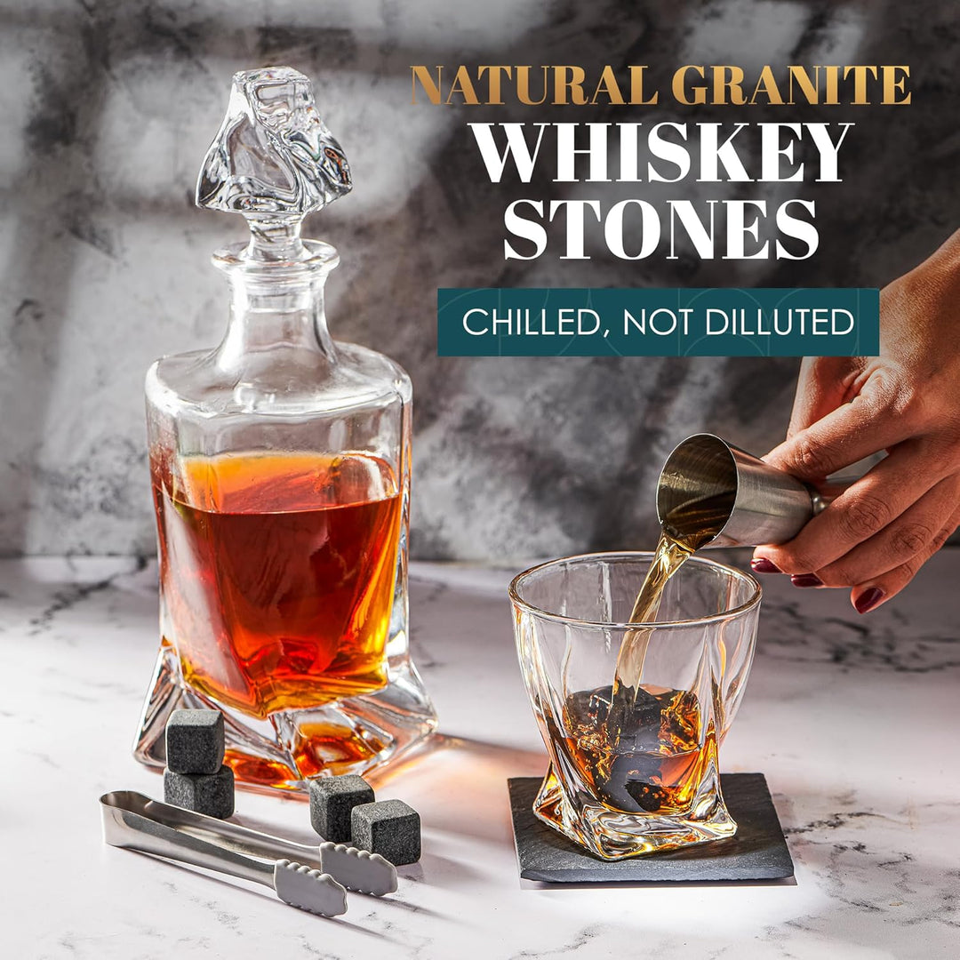 Whisky Geschenkset – Whiskey Gläser, Karaffe, Steine, Eiszange, Untersetzer, Holzkiste, Samtbeutel,